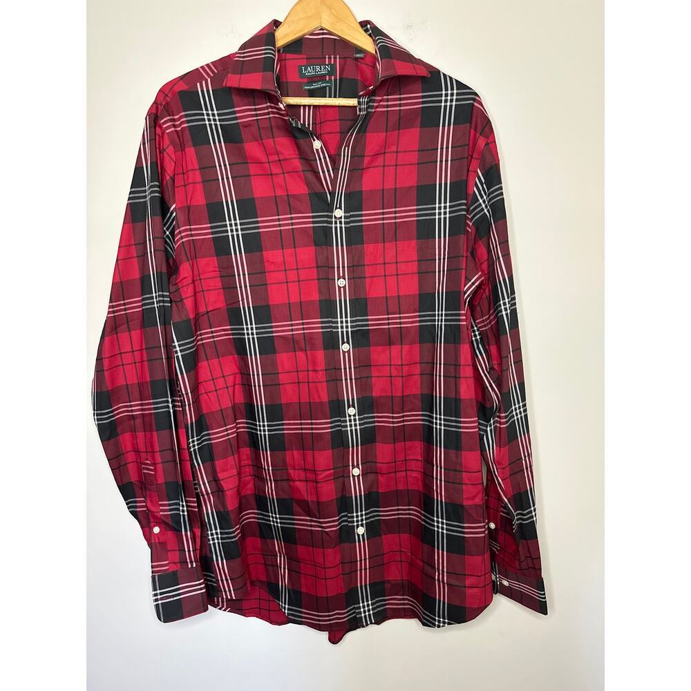 Lauren Ralph Lauren Red Black Plaid Button Down Long Sleeve Size L Dress Shirt